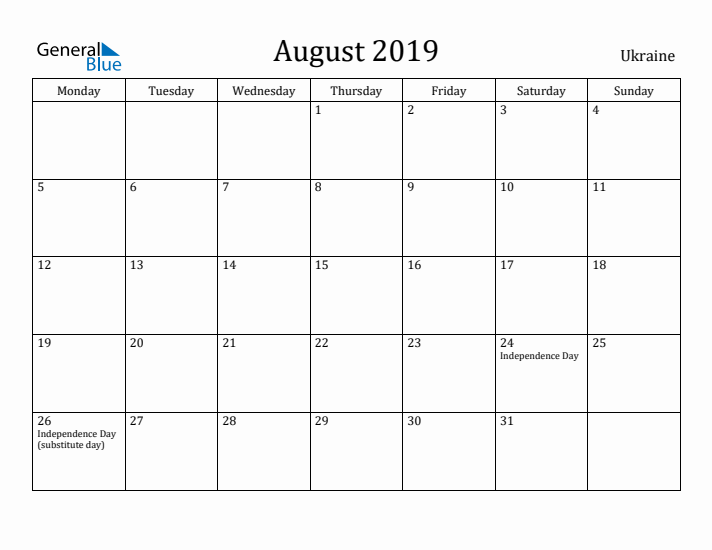 August 2019 Calendar Ukraine