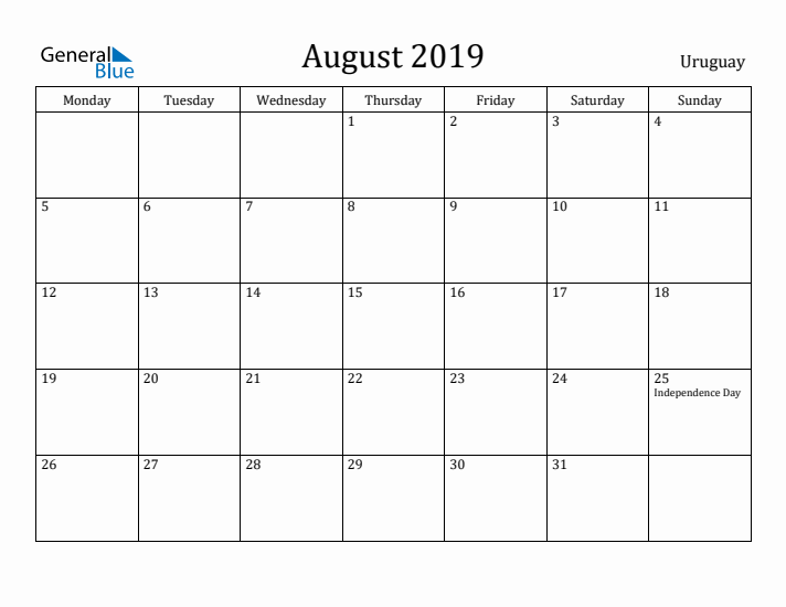 August 2019 Calendar Uruguay