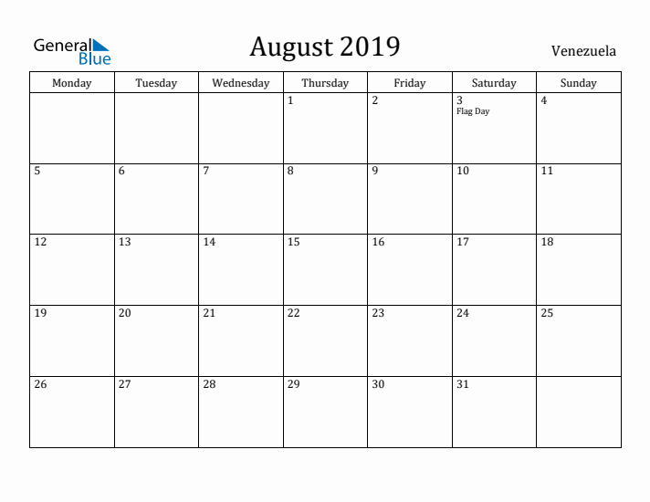 August 2019 Calendar Venezuela