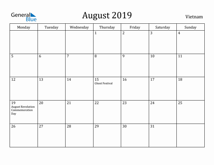 August 2019 Calendar Vietnam