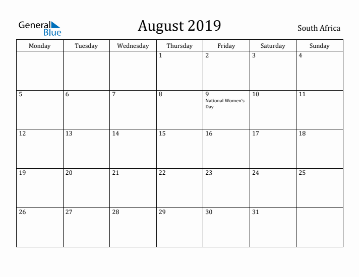 August 2019 Calendar South Africa