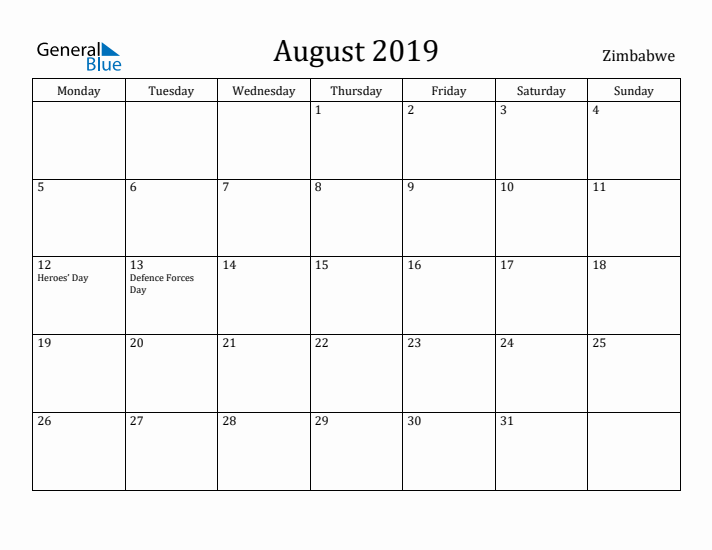 August 2019 Calendar Zimbabwe