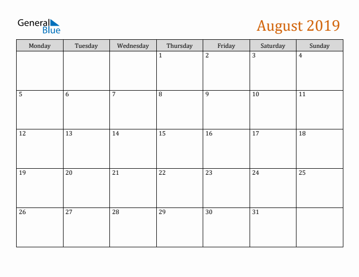 Editable August 2019 Calendar