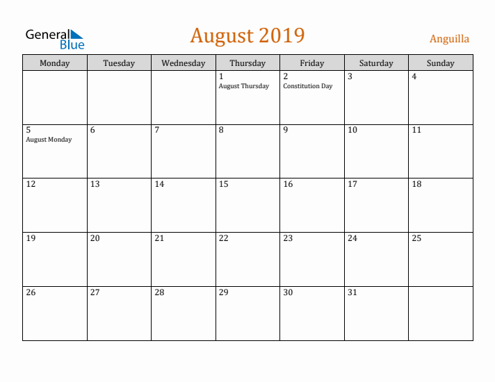 August 2019 Holiday Calendar with Monday Start