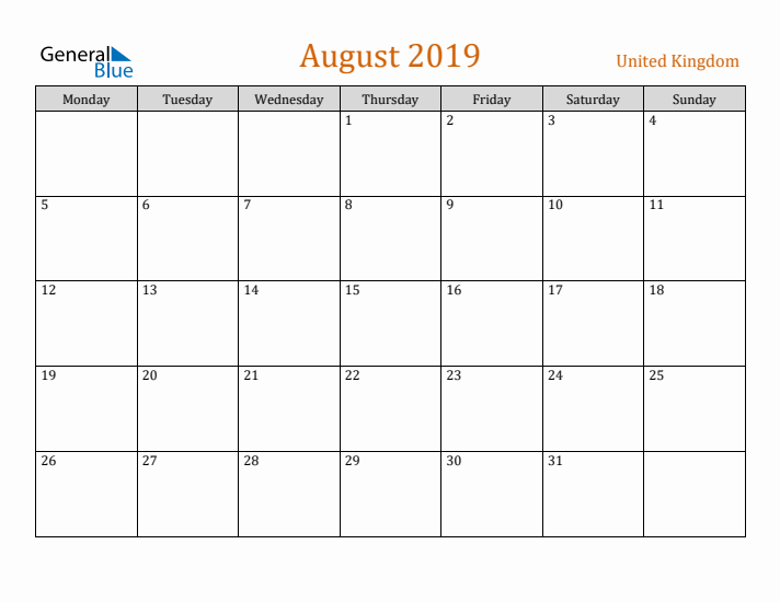 August 2019 Holiday Calendar with Monday Start