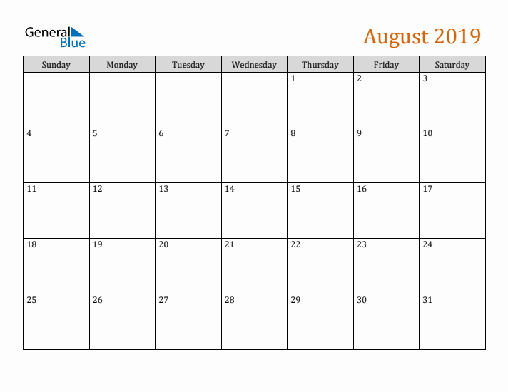 Editable August 2019 Calendar