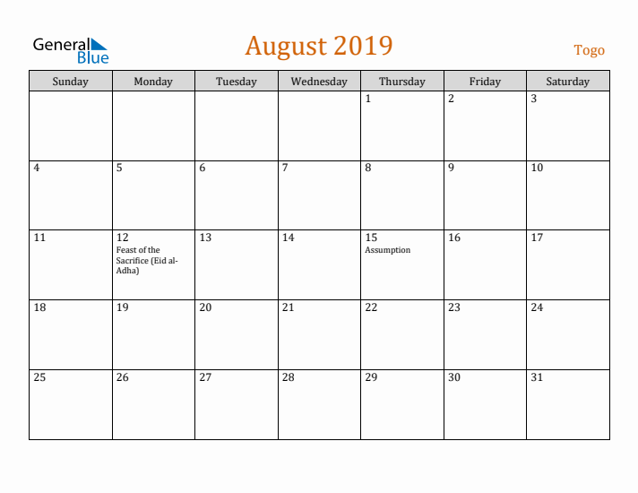 August 2019 Holiday Calendar with Sunday Start