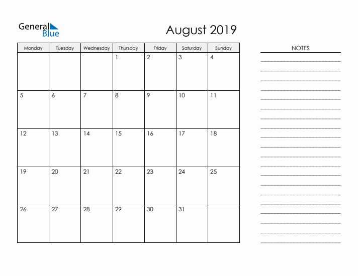 Printable Monthly Calendar with Notes - August 2019