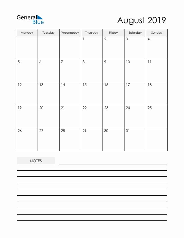 Printable Calendar with Notes - August 2019 