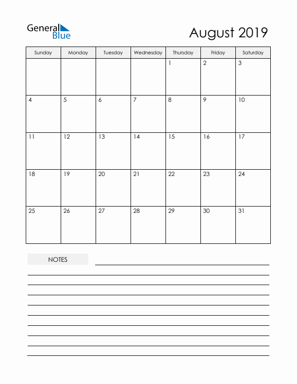 Printable Calendar with Notes - August 2019 