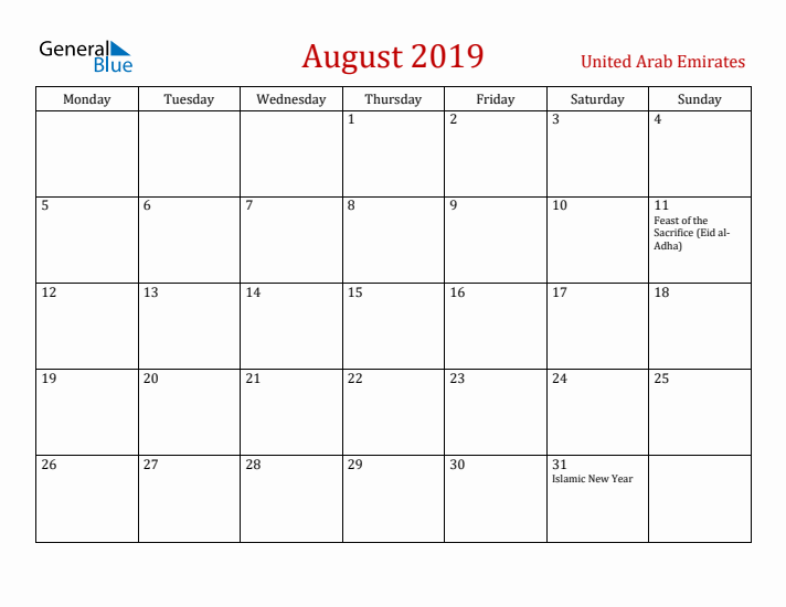 United Arab Emirates August 2019 Calendar - Monday Start