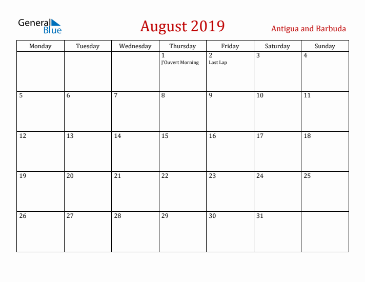Antigua and Barbuda August 2019 Calendar - Monday Start