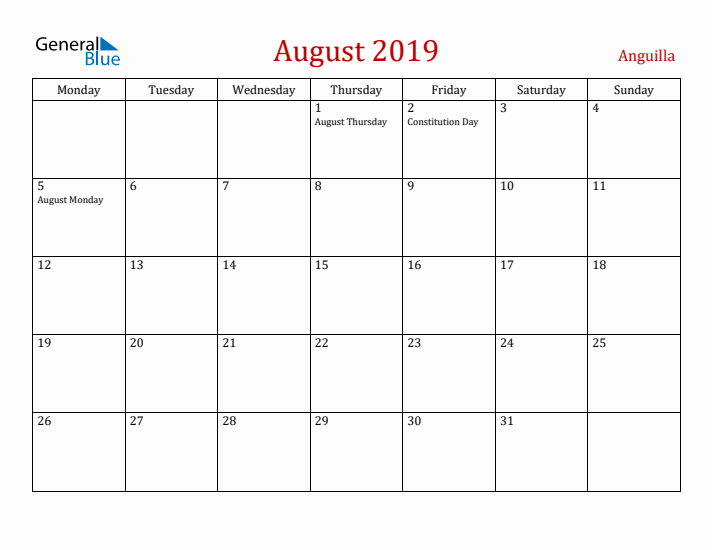 Anguilla August 2019 Calendar - Monday Start