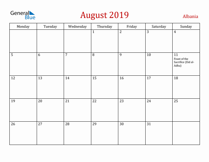 Albania August 2019 Calendar - Monday Start