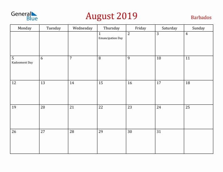 Barbados August 2019 Calendar - Monday Start