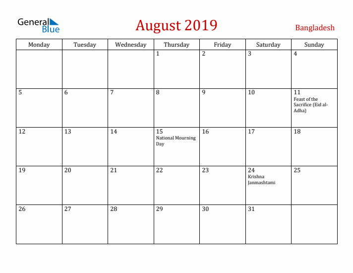 Bangladesh August 2019 Calendar - Monday Start