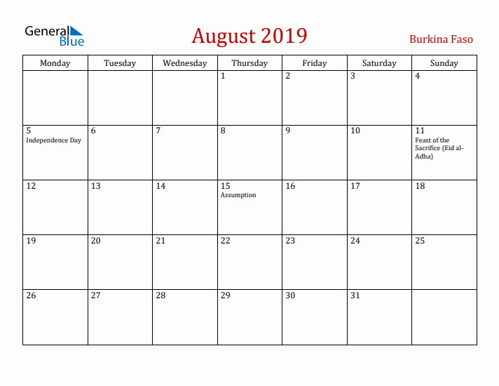Burkina Faso August 2019 Calendar - Monday Start