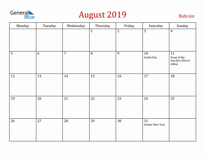 Bahrain August 2019 Calendar - Monday Start
