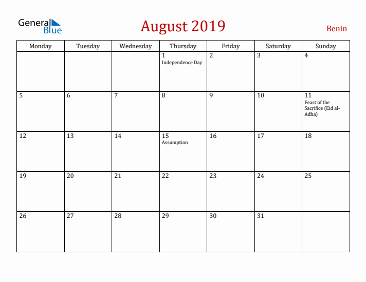 Benin August 2019 Calendar - Monday Start