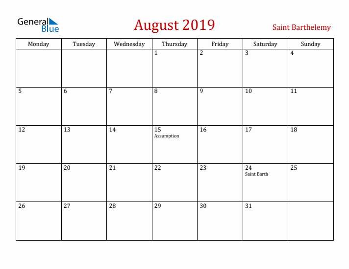 Saint Barthelemy August 2019 Calendar - Monday Start