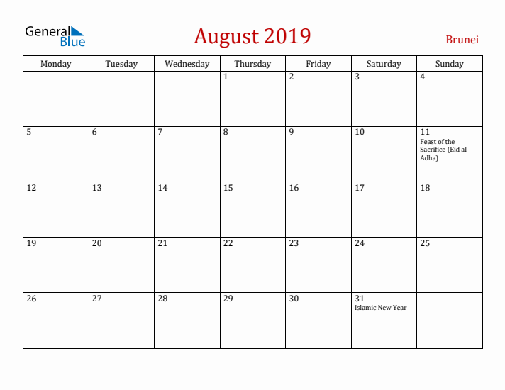 Brunei August 2019 Calendar - Monday Start