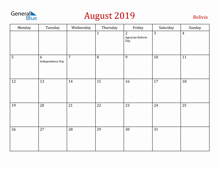 Bolivia August 2019 Calendar - Monday Start