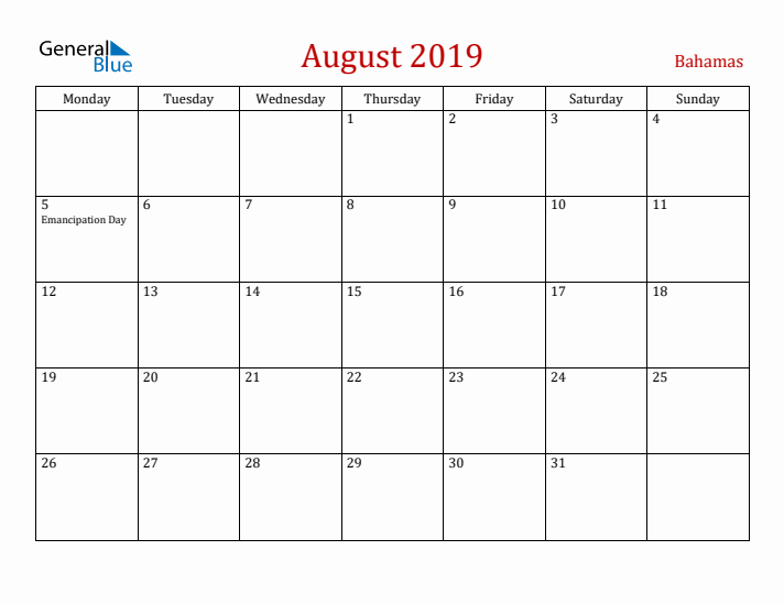Bahamas August 2019 Calendar - Monday Start