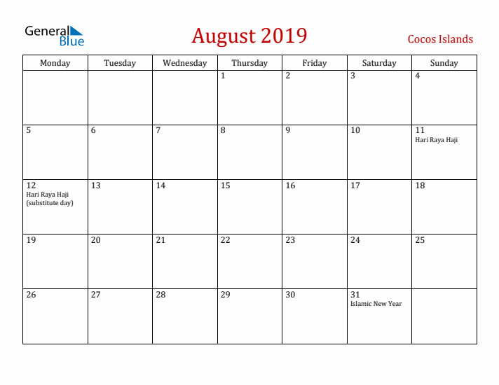 Cocos Islands August 2019 Calendar - Monday Start
