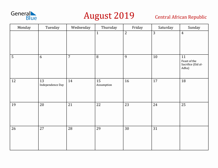 Central African Republic August 2019 Calendar - Monday Start