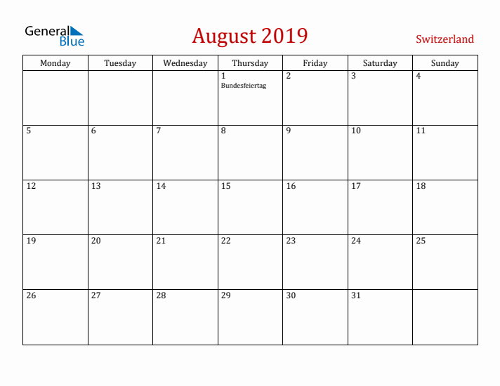 Switzerland August 2019 Calendar - Monday Start