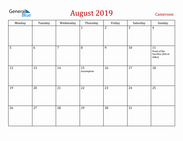 Cameroon August 2019 Calendar - Monday Start