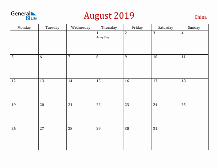 China August 2019 Calendar - Monday Start