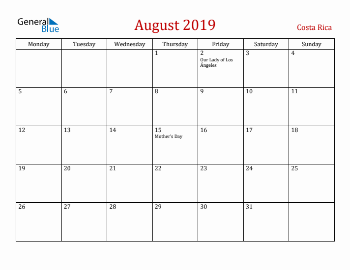 Costa Rica August 2019 Calendar - Monday Start