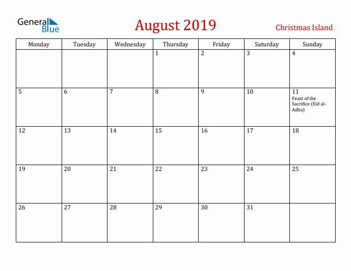 Christmas Island August 2019 Calendar - Monday Start