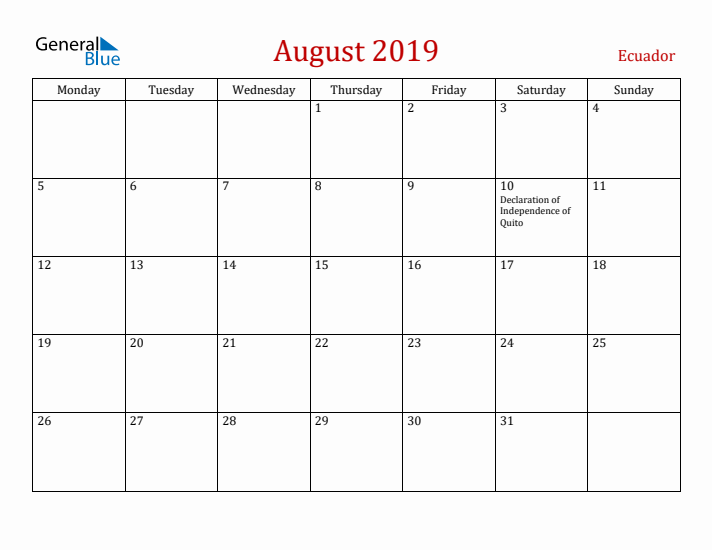 Ecuador August 2019 Calendar - Monday Start
