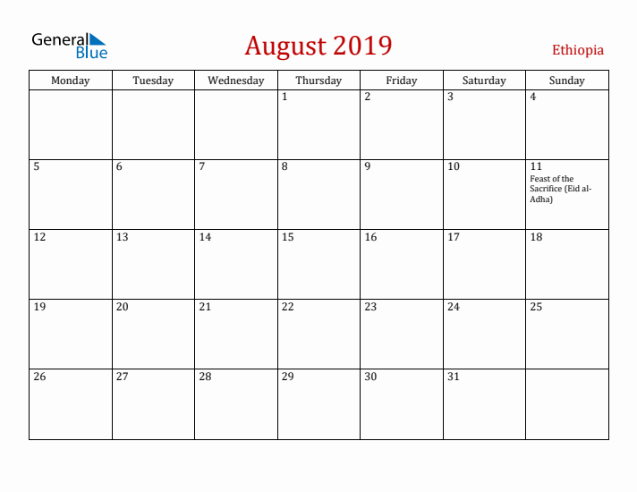 Ethiopia August 2019 Calendar - Monday Start