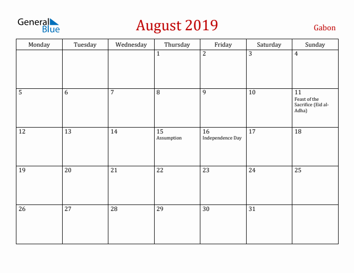 Gabon August 2019 Calendar - Monday Start