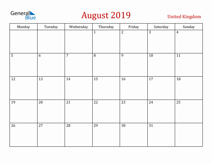 United Kingdom August 2019 Calendar - Monday Start