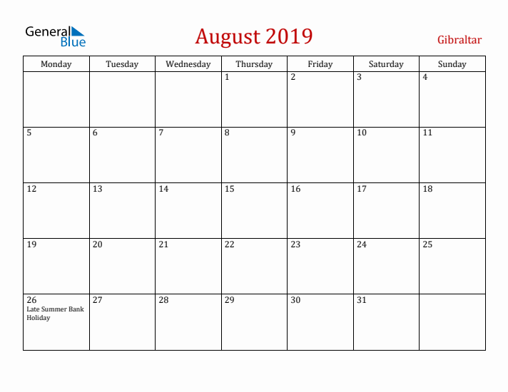 Gibraltar August 2019 Calendar - Monday Start