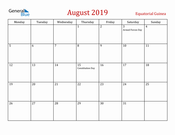 Equatorial Guinea August 2019 Calendar - Monday Start