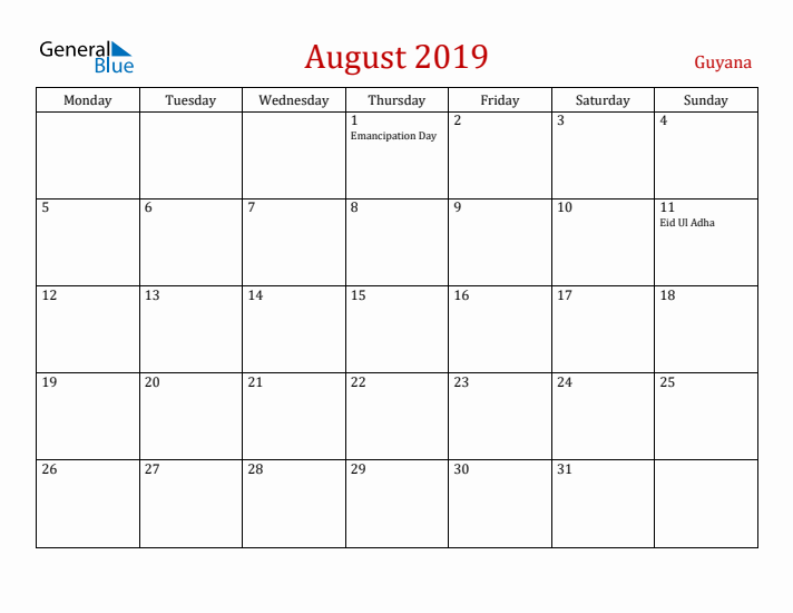 Guyana August 2019 Calendar - Monday Start