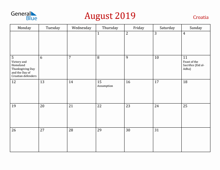 Croatia August 2019 Calendar - Monday Start