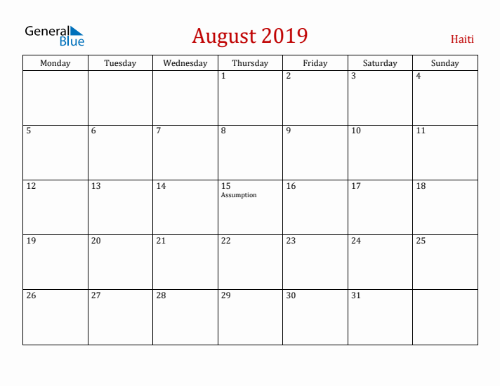 Haiti August 2019 Calendar - Monday Start
