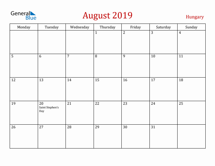 Hungary August 2019 Calendar - Monday Start