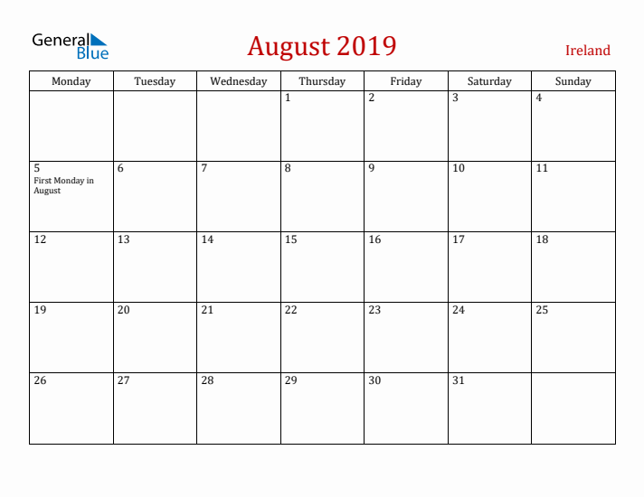 Ireland August 2019 Calendar - Monday Start
