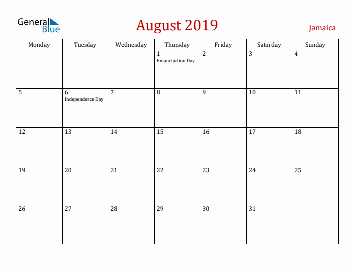 Jamaica August 2019 Calendar - Monday Start
