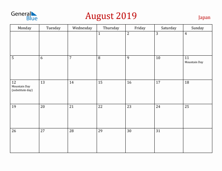 Japan August 2019 Calendar - Monday Start