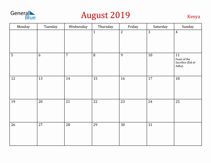 Kenya August 2019 Calendar - Monday Start