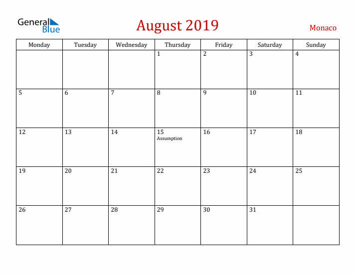 Monaco August 2019 Calendar - Monday Start
