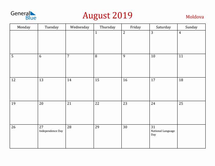 Moldova August 2019 Calendar - Monday Start